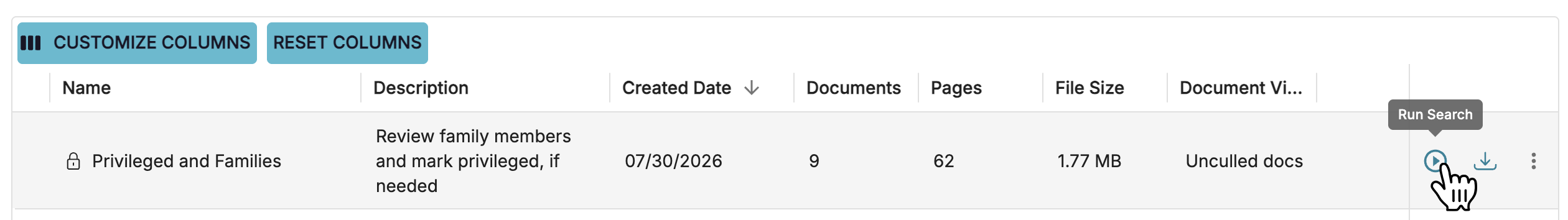 Table displaying document details including name, description, and file size information.